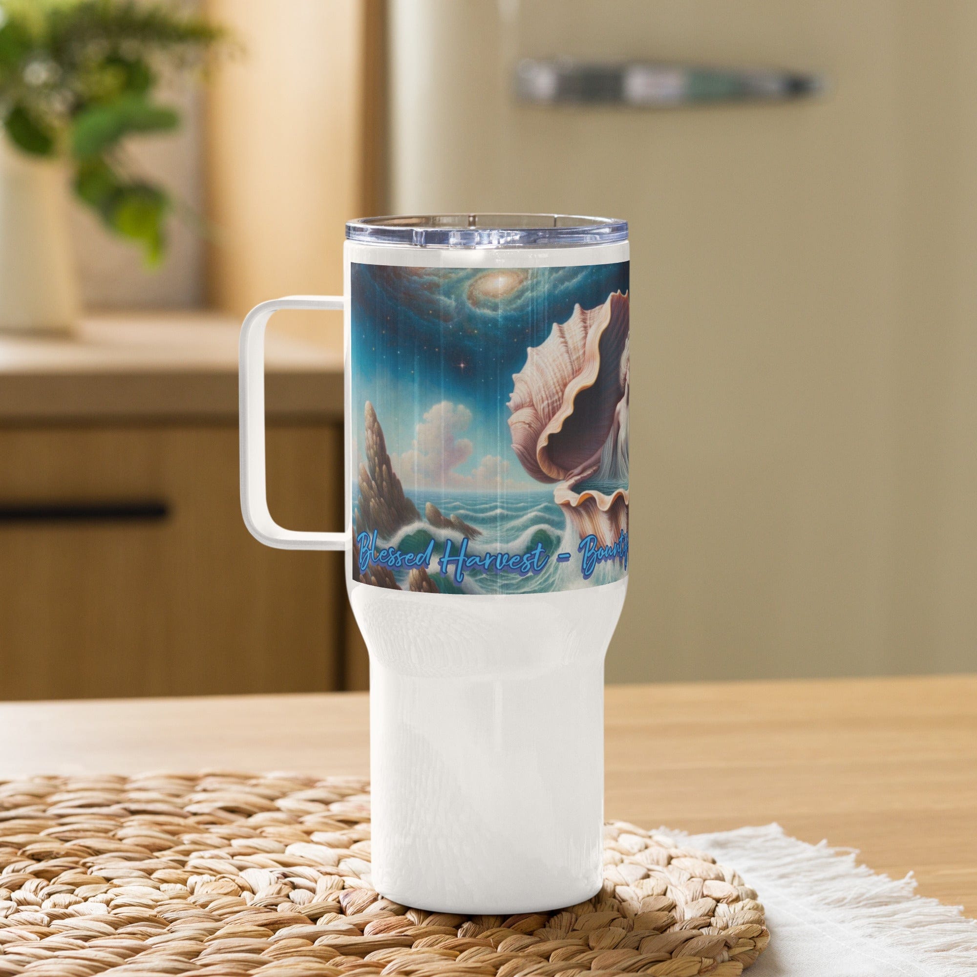 swiftharvest.net Cosmic Aphrodite Sea Shell Travel mug with a handle