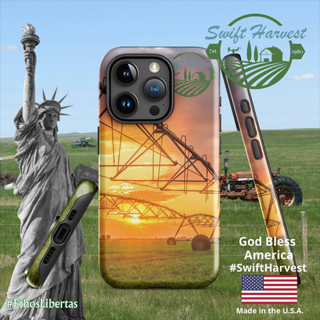 swiftharvest.net Glossy / iPhone 15 Pro Swift Harvest Sprinkler Sunset Tough Case for iPhone®