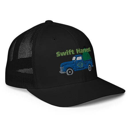 swiftharvest.net Swift Harvest Dark Blue Truck with Hay Closed-back trucker cap