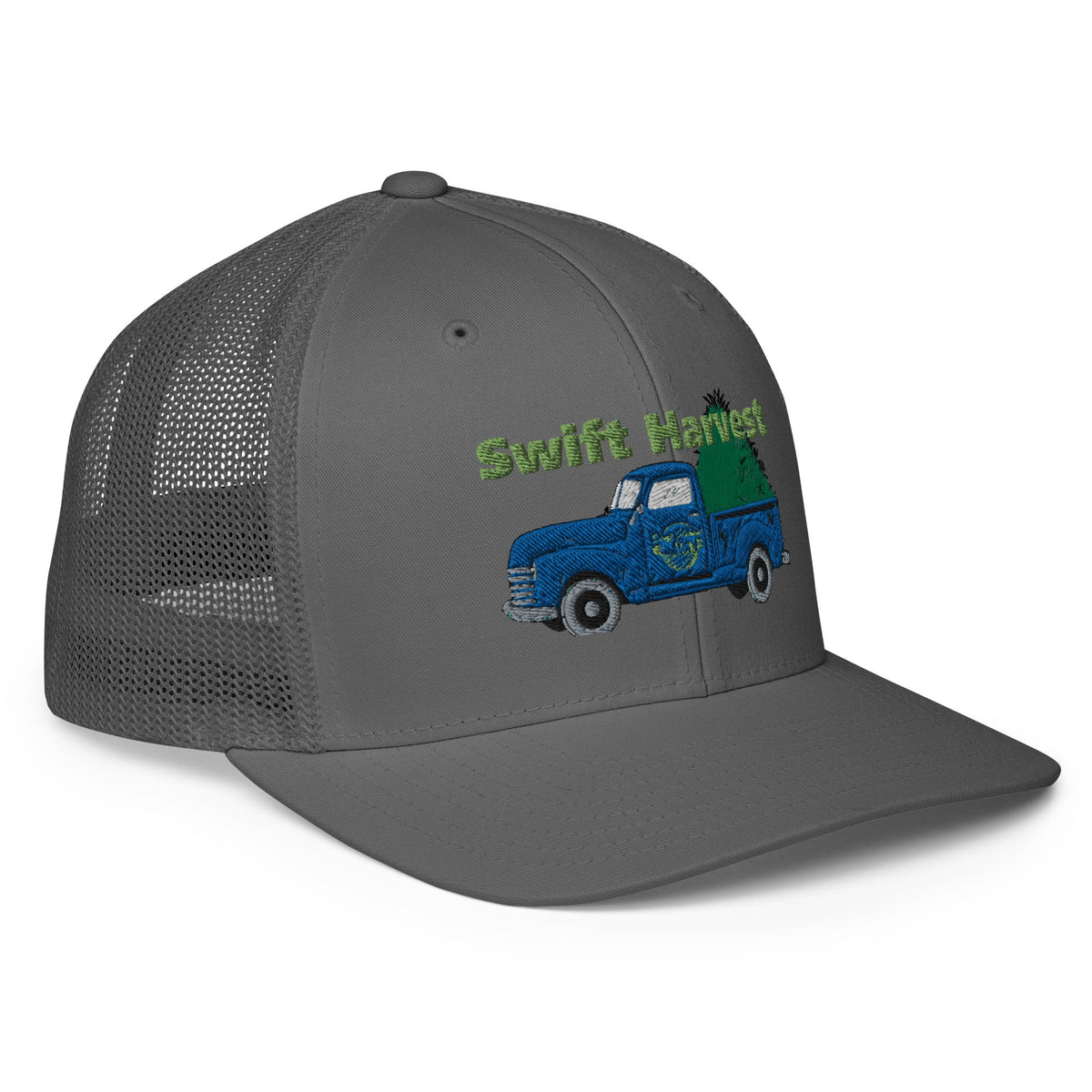 swiftharvest.net Swift Harvest Dark Blue Truck with Hay Closed-back trucker cap