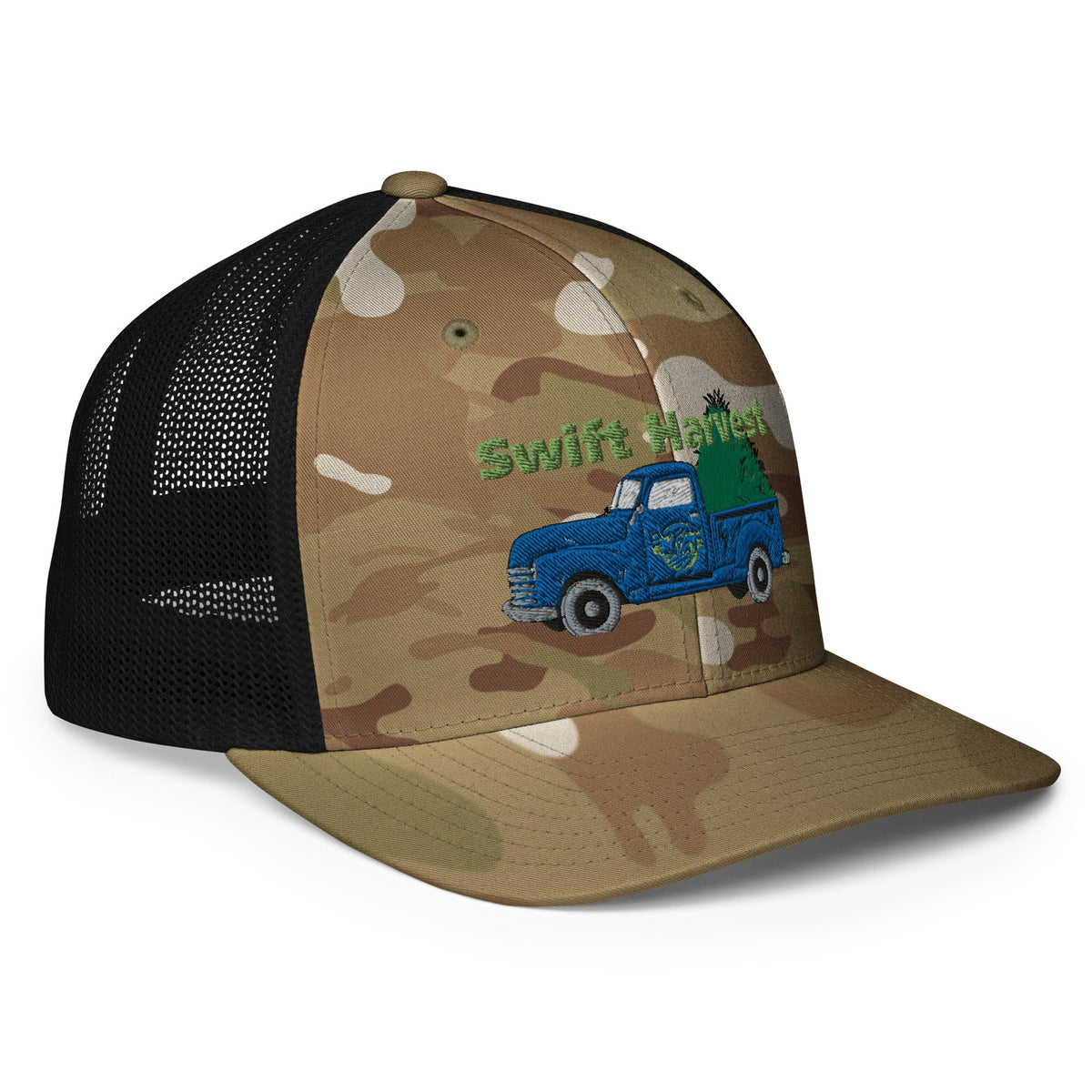 swiftharvest.net Swift Harvest Dark Blue Truck with Hay Closed-back trucker cap