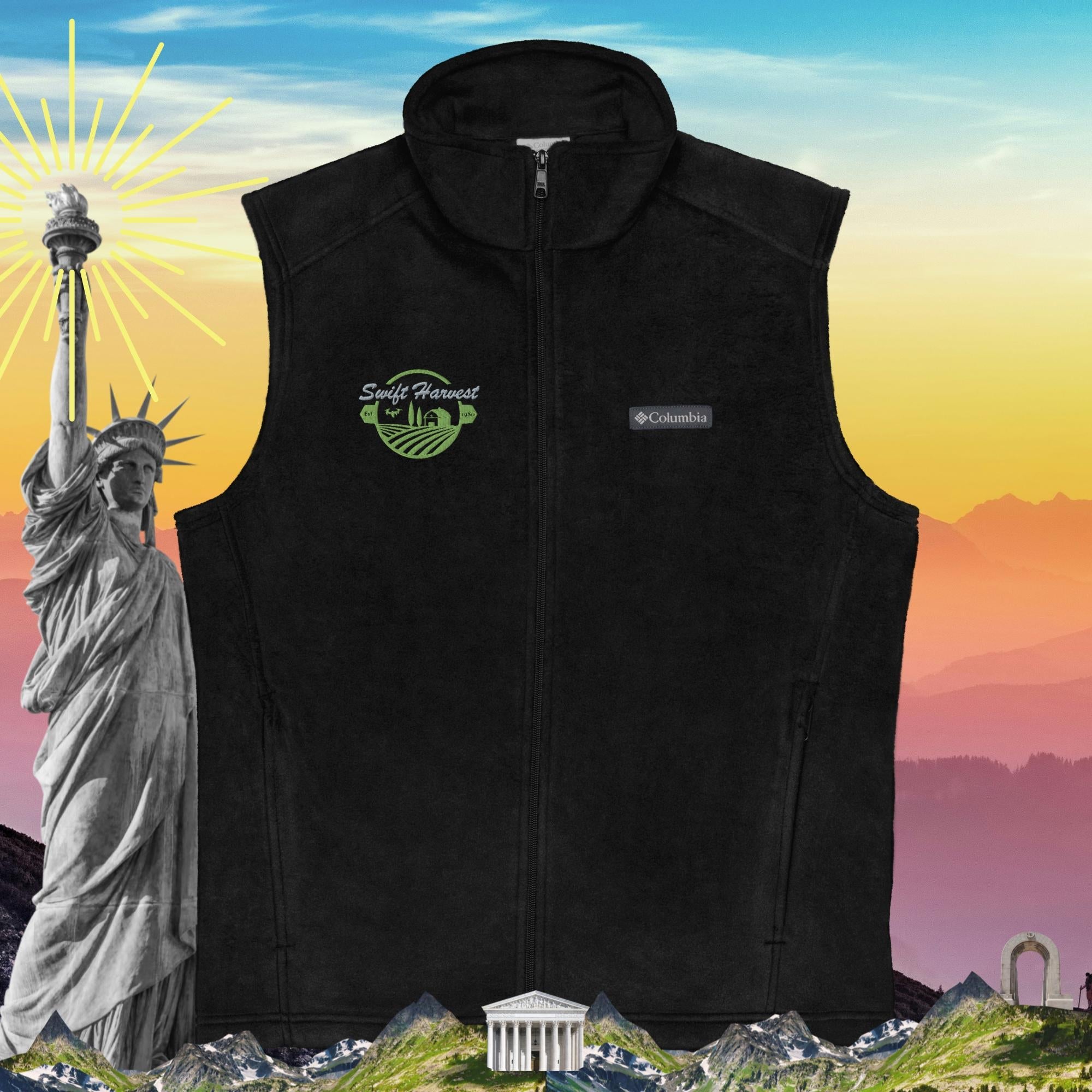 swiftharvest.net Swift Harvest Liberty or Death Flag on back Men’s Columbia fleece vest