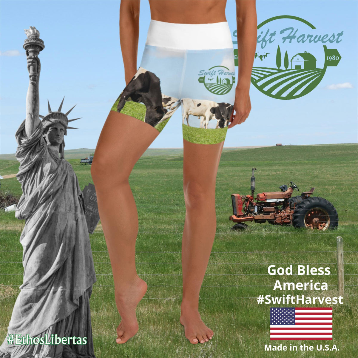 swiftharvest.net XS Swift Harvest Cows grazing Yoga Shorts